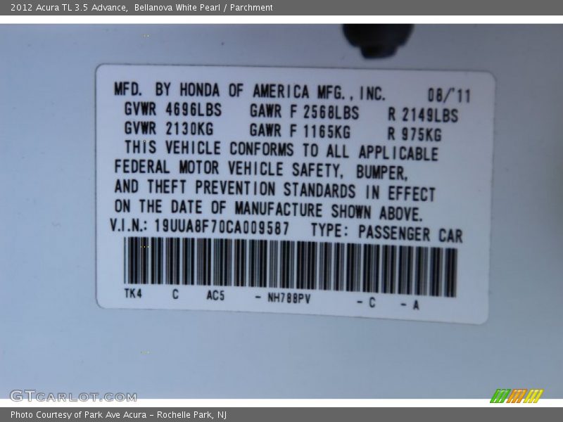Bellanova White Pearl / Parchment 2012 Acura TL 3.5 Advance