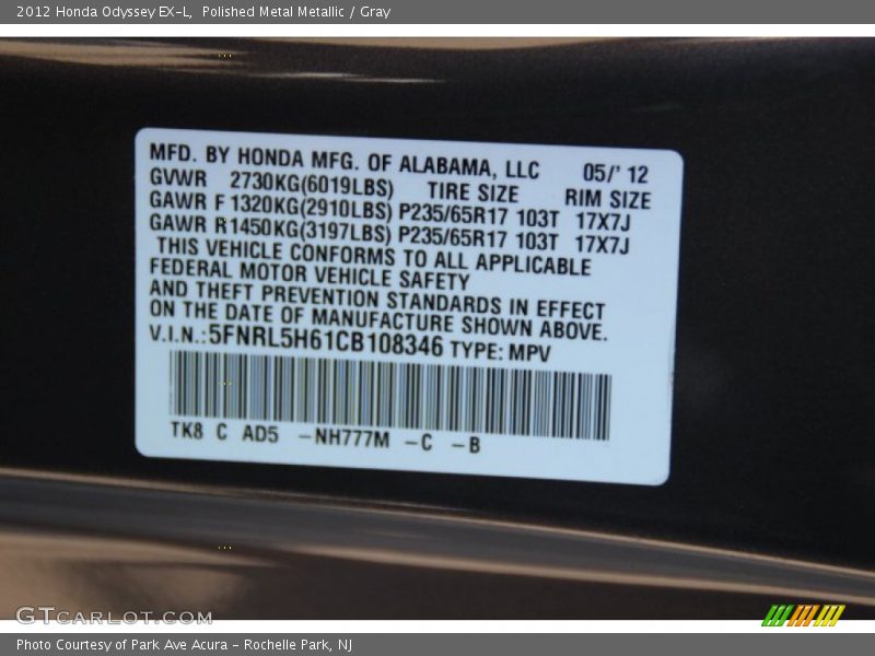 Polished Metal Metallic / Gray 2012 Honda Odyssey EX-L