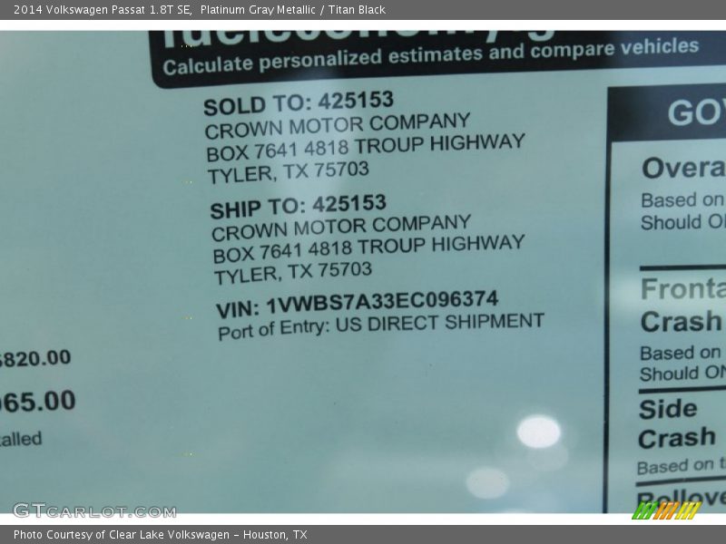 Platinum Gray Metallic / Titan Black 2014 Volkswagen Passat 1.8T SE