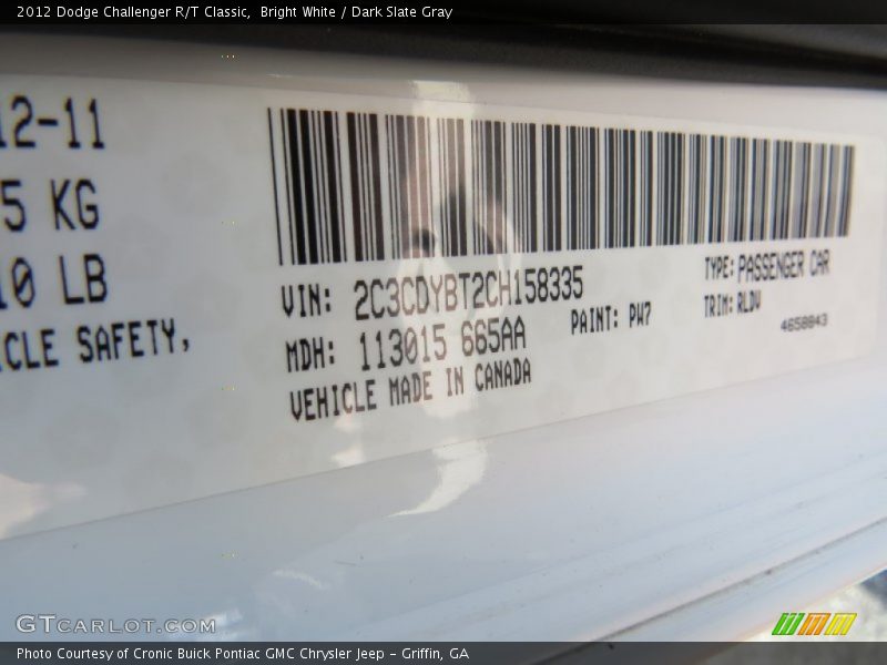 Bright White / Dark Slate Gray 2012 Dodge Challenger R/T Classic
