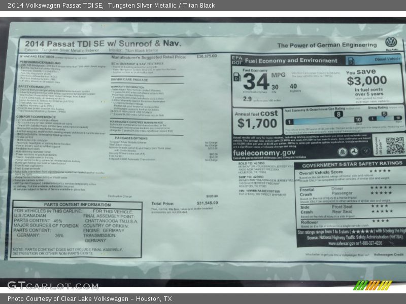 Tungsten Silver Metallic / Titan Black 2014 Volkswagen Passat TDI SE