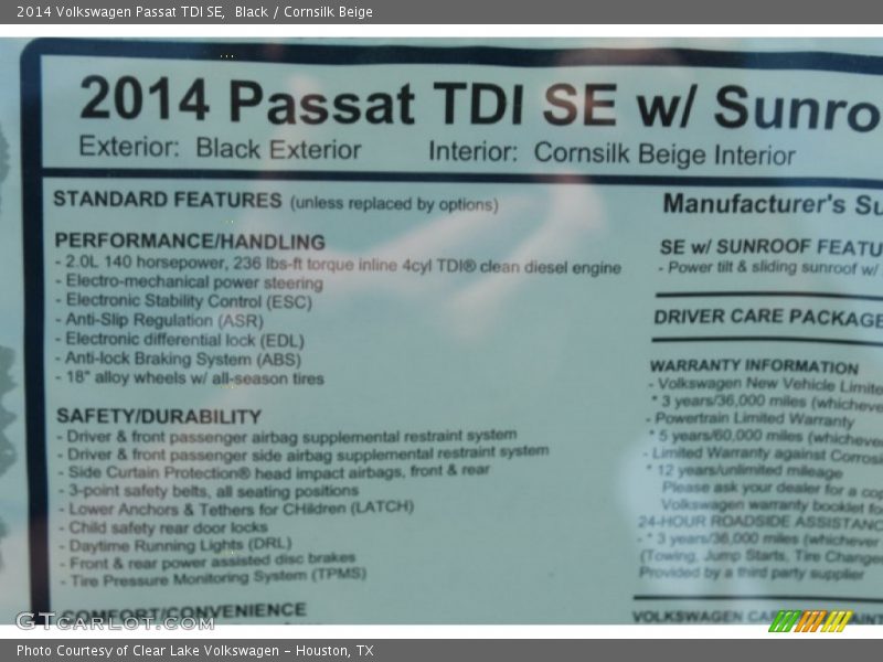 Black / Cornsilk Beige 2014 Volkswagen Passat TDI SE