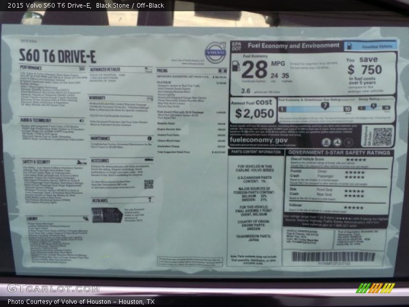  2015 S60 T6 Drive-E Window Sticker