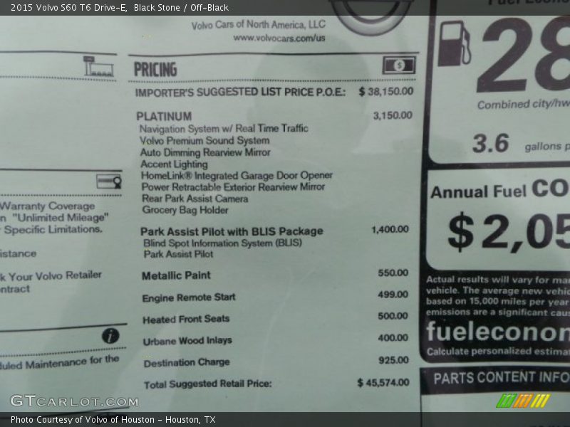  2015 S60 T6 Drive-E Window Sticker