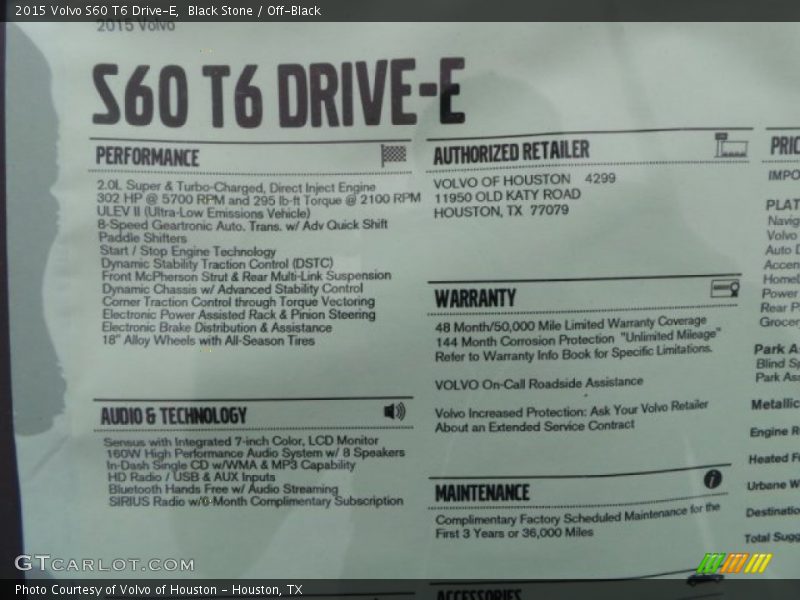  2015 S60 T6 Drive-E Window Sticker