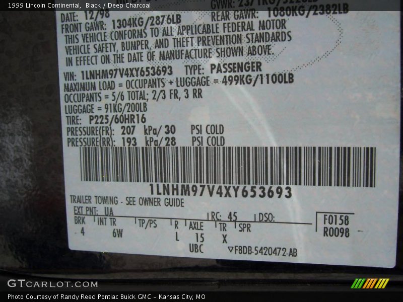 Black / Deep Charcoal 1999 Lincoln Continental