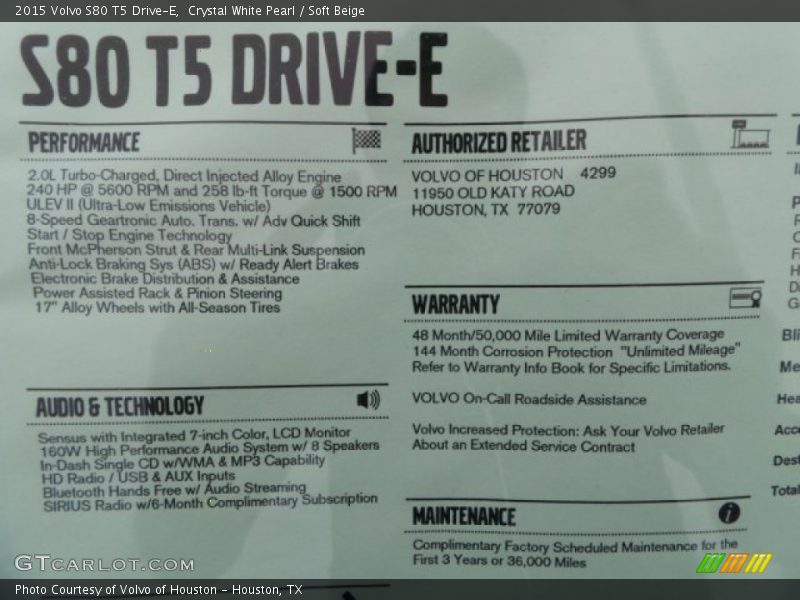 Crystal White Pearl / Soft Beige 2015 Volvo S80 T5 Drive-E