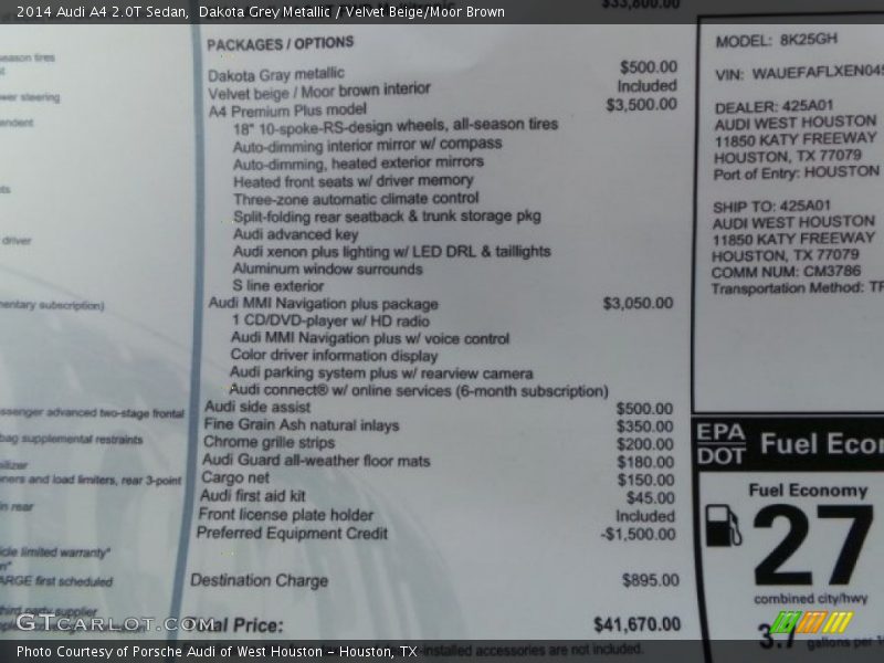 Dakota Grey Metallic / Velvet Beige/Moor Brown 2014 Audi A4 2.0T Sedan