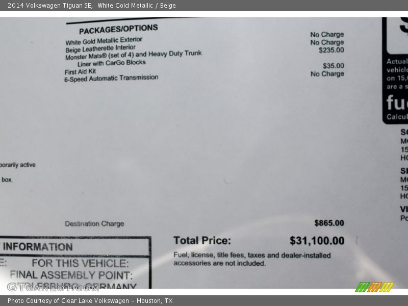 White Gold Metallic / Beige 2014 Volkswagen Tiguan SE