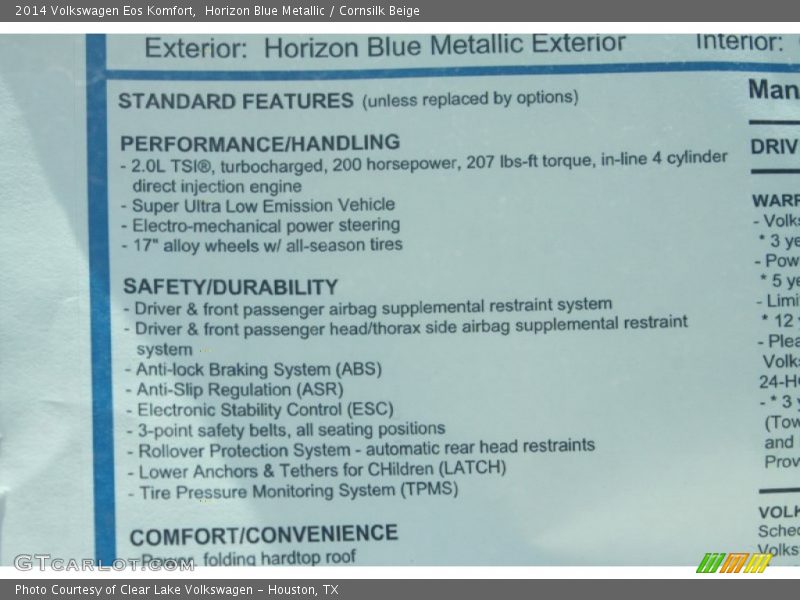 Horizon Blue Metallic / Cornsilk Beige 2014 Volkswagen Eos Komfort