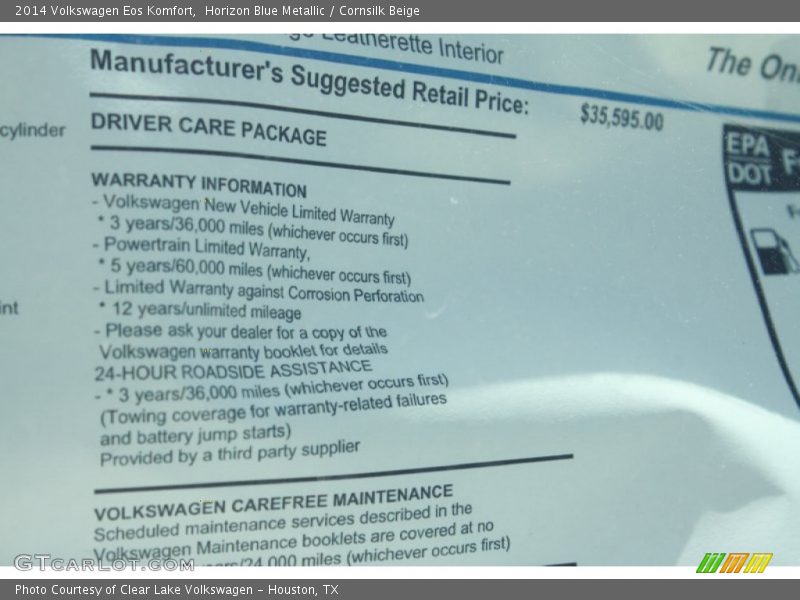 Horizon Blue Metallic / Cornsilk Beige 2014 Volkswagen Eos Komfort