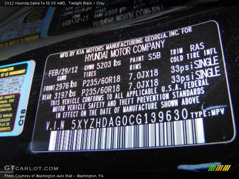 Twilight Black / Gray 2012 Hyundai Santa Fe SE V6 AWD