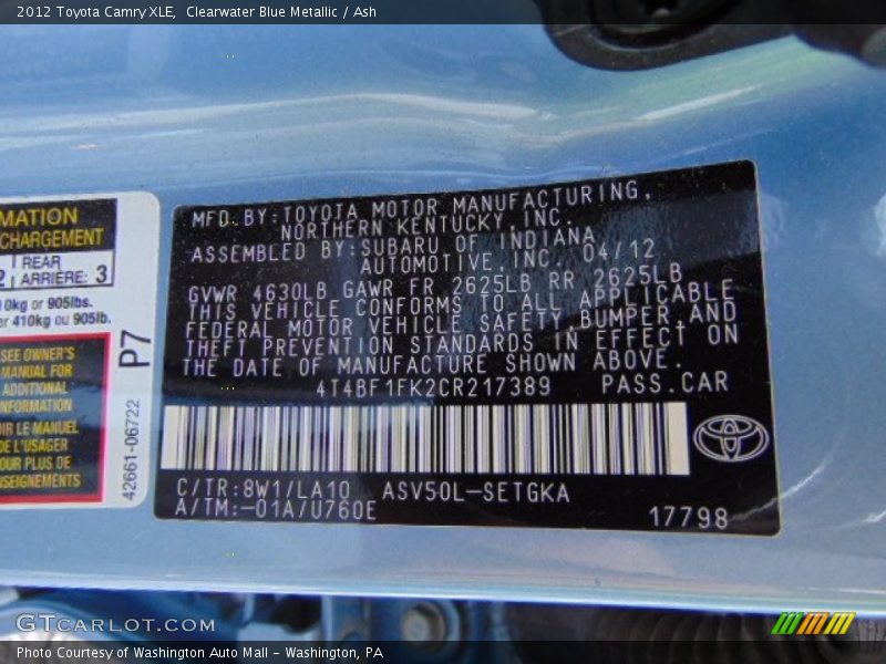 Clearwater Blue Metallic / Ash 2012 Toyota Camry XLE