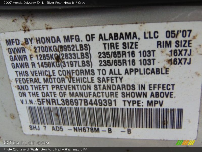 Silver Pearl Metallic / Gray 2007 Honda Odyssey EX-L