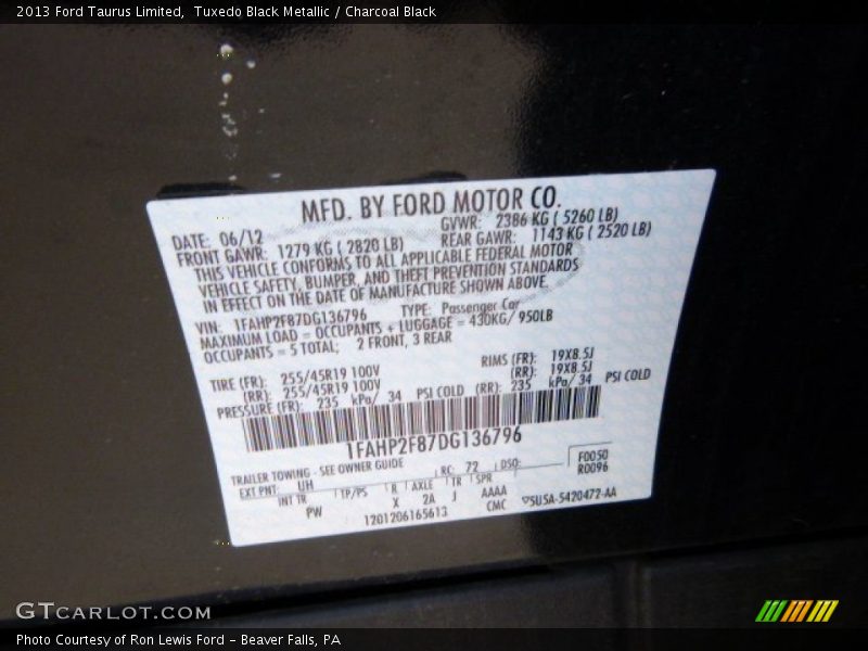 Tuxedo Black Metallic / Charcoal Black 2013 Ford Taurus Limited