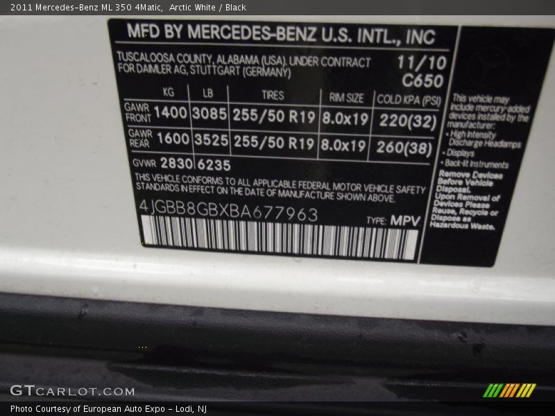 Arctic White / Black 2011 Mercedes-Benz ML 350 4Matic