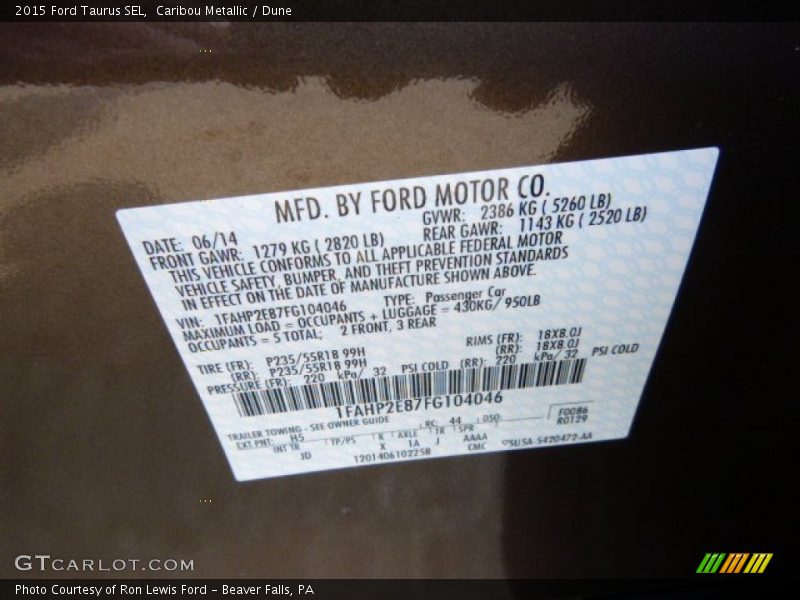 2015 Taurus SEL Caribou Metallic Color Code HS