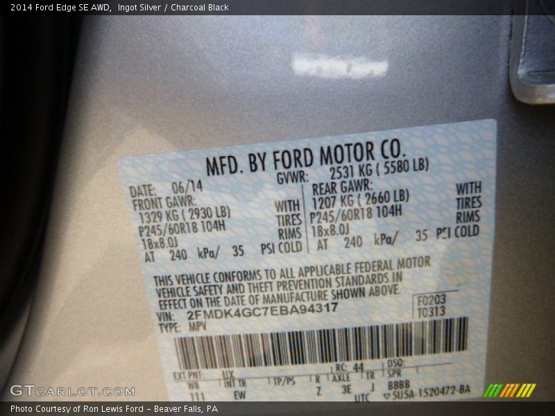 Ingot Silver / Charcoal Black 2014 Ford Edge SE AWD