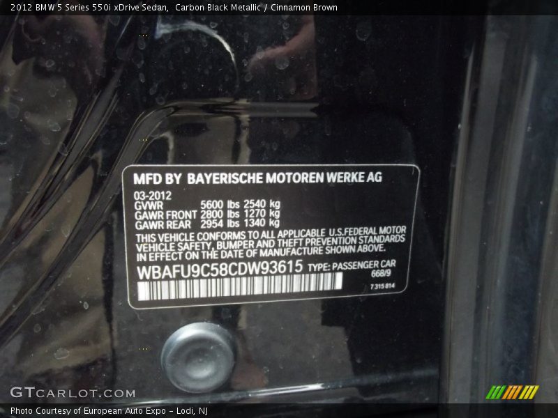 Carbon Black Metallic / Cinnamon Brown 2012 BMW 5 Series 550i xDrive Sedan