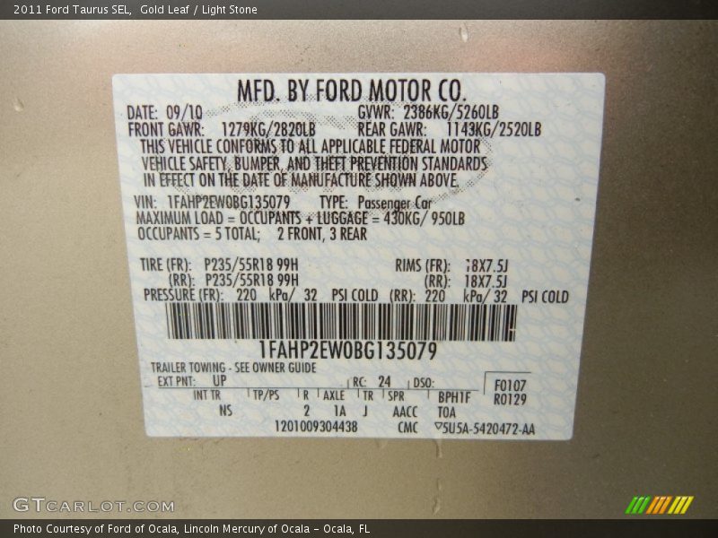2011 Taurus SEL Gold Leaf Color Code UP