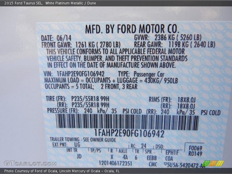 2015 Taurus SEL White Platinum Metallic Color Code UG