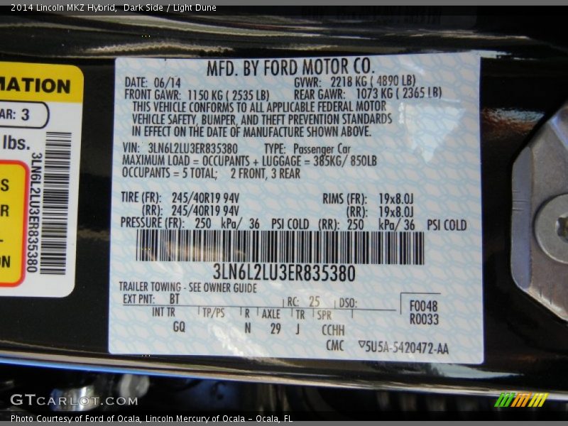 Dark Side / Light Dune 2014 Lincoln MKZ Hybrid