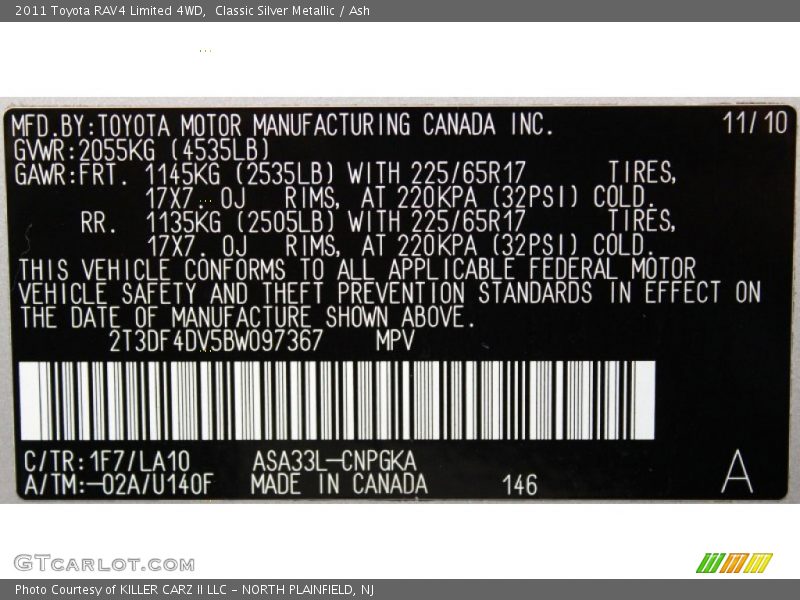2011 RAV4 Limited 4WD Classic Silver Metallic Color Code 1F7