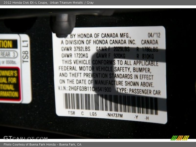 Urban Titanium Metallic / Gray 2012 Honda Civic EX-L Coupe