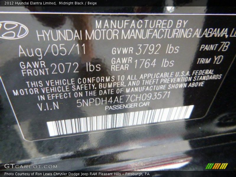 Midnight Black / Beige 2012 Hyundai Elantra Limited
