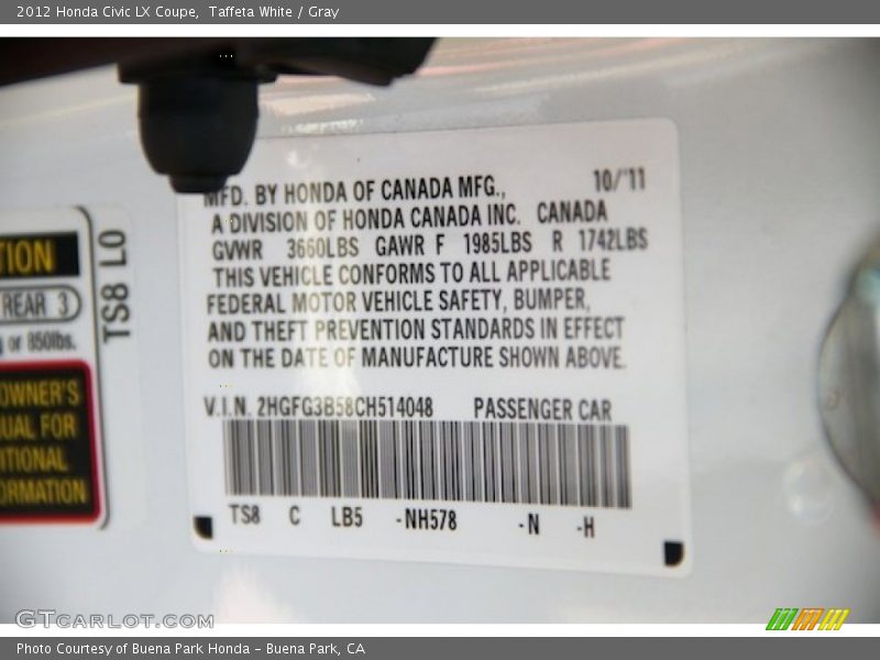 Taffeta White / Gray 2012 Honda Civic LX Coupe