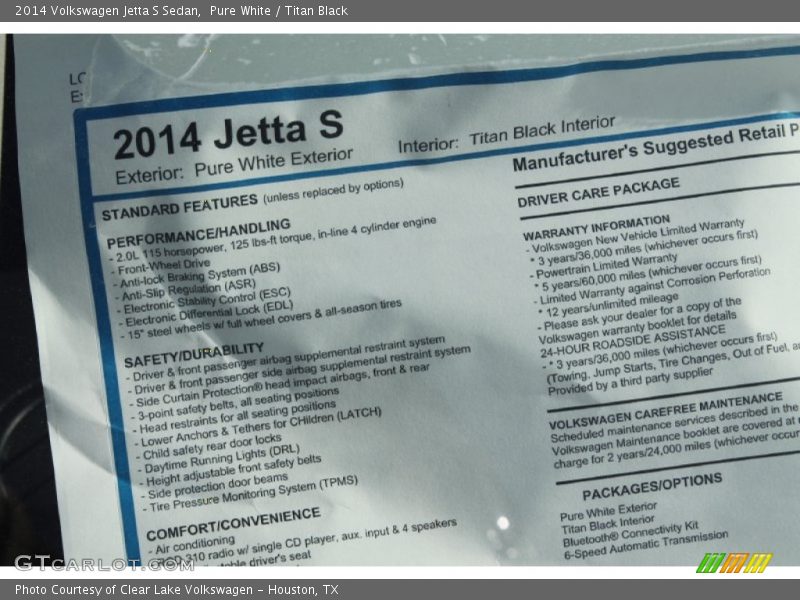 Pure White / Titan Black 2014 Volkswagen Jetta S Sedan
