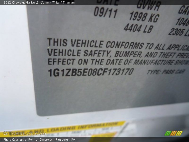 Summit White / Titanium 2012 Chevrolet Malibu LS