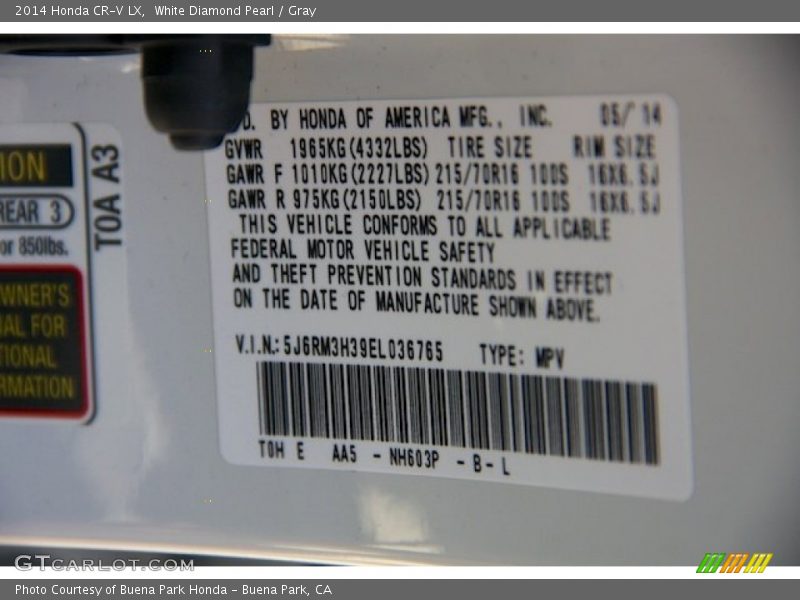 White Diamond Pearl / Gray 2014 Honda CR-V LX