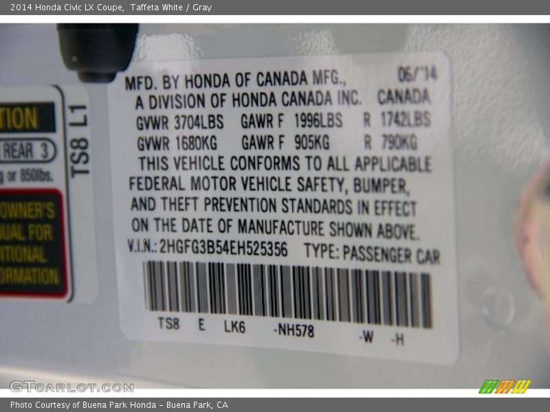 Taffeta White / Gray 2014 Honda Civic LX Coupe