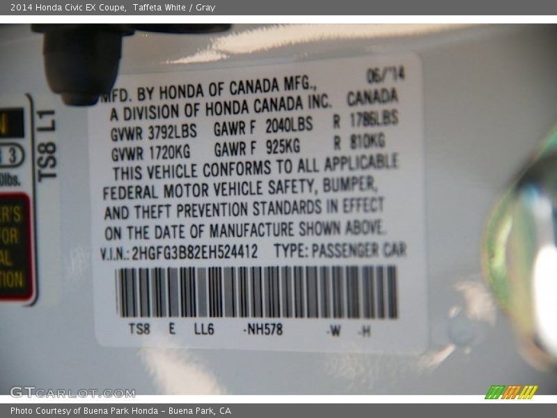 Taffeta White / Gray 2014 Honda Civic EX Coupe