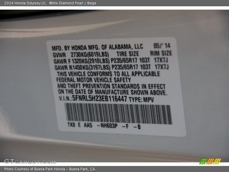 White Diamond Pearl / Beige 2014 Honda Odyssey LX