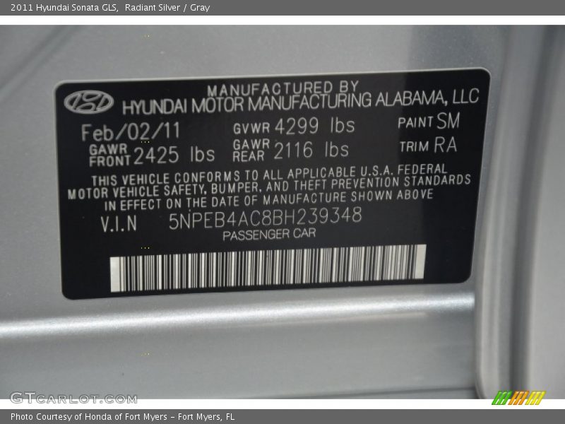 Radiant Silver / Gray 2011 Hyundai Sonata GLS