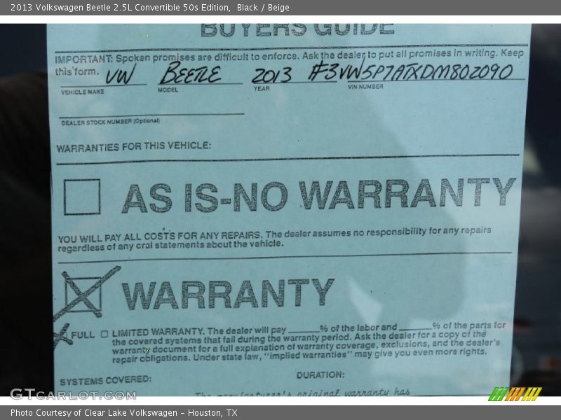 Black / Beige 2013 Volkswagen Beetle 2.5L Convertible 50s Edition