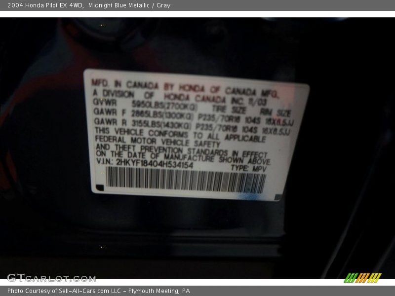Midnight Blue Metallic / Gray 2004 Honda Pilot EX 4WD