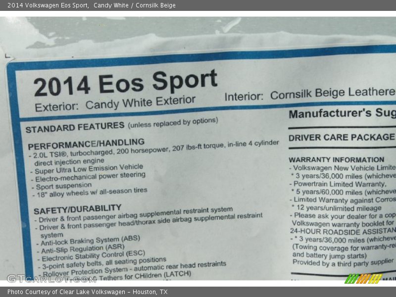 Candy White / Cornsilk Beige 2014 Volkswagen Eos Sport