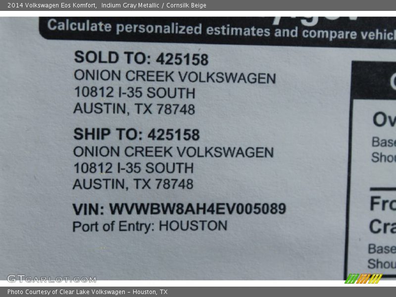 Indium Gray Metallic / Cornsilk Beige 2014 Volkswagen Eos Komfort