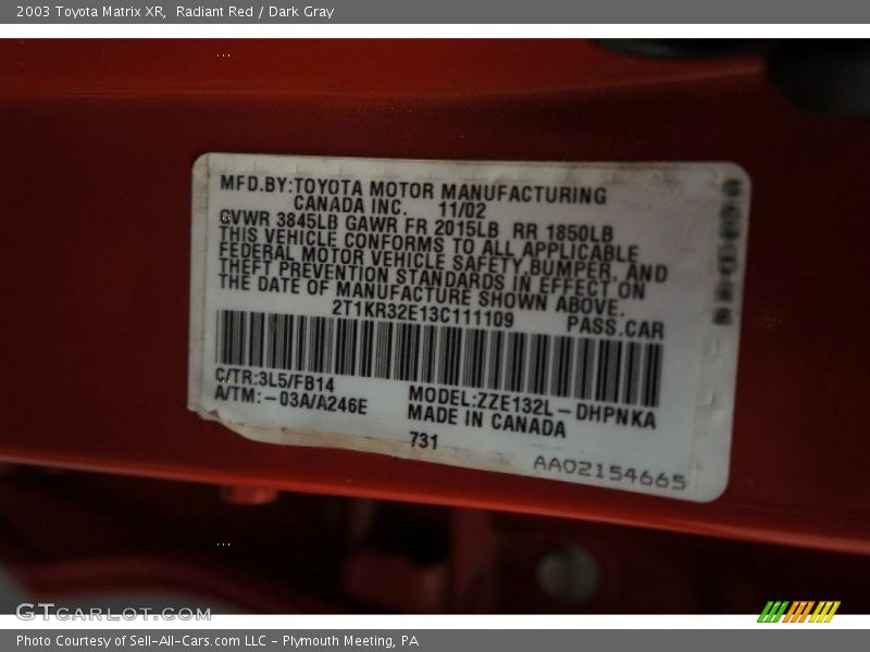 Radiant Red / Dark Gray 2003 Toyota Matrix XR