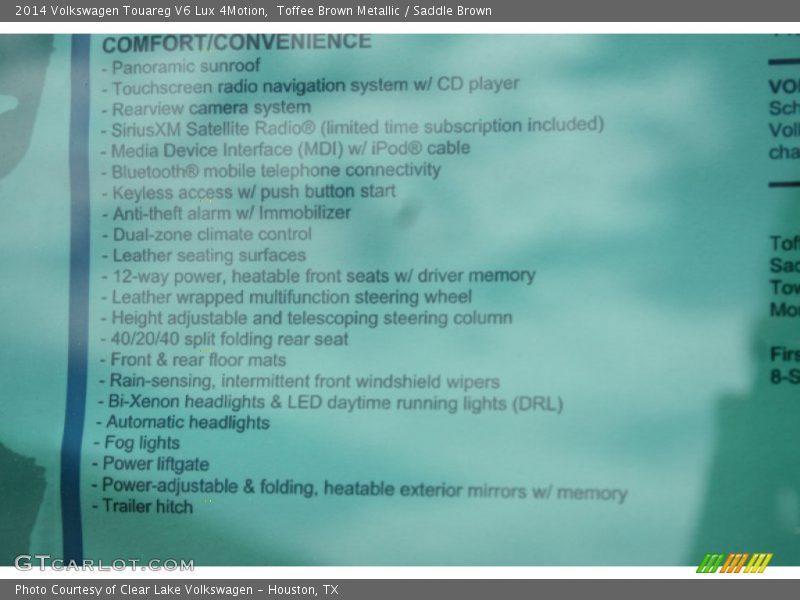 Toffee Brown Metallic / Saddle Brown 2014 Volkswagen Touareg V6 Lux 4Motion
