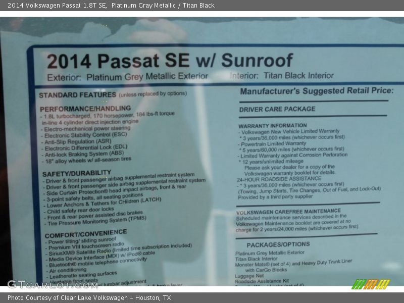 Platinum Gray Metallic / Titan Black 2014 Volkswagen Passat 1.8T SE