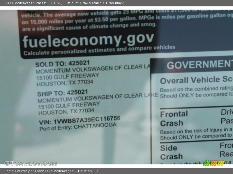 Platinum Gray Metallic / Titan Black 2014 Volkswagen Passat 1.8T SE