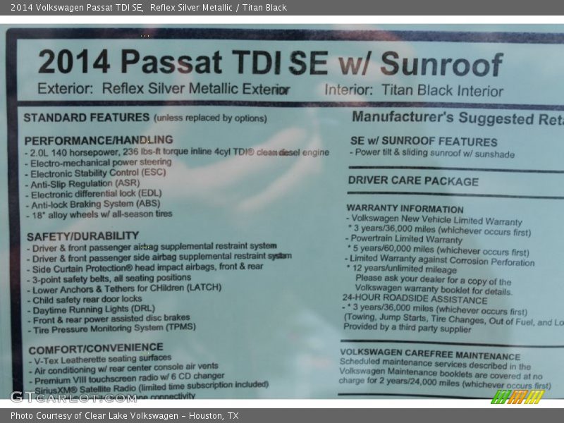 Reflex Silver Metallic / Titan Black 2014 Volkswagen Passat TDI SE