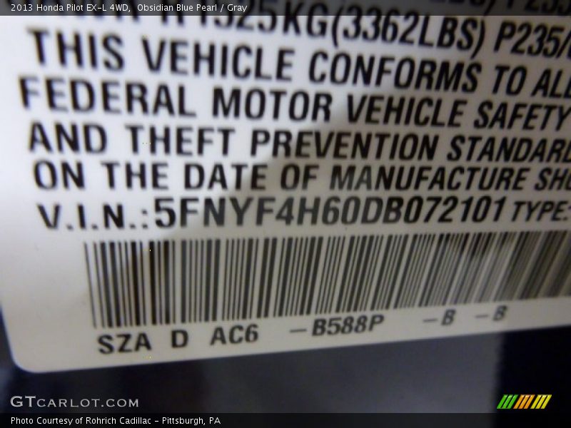 Obsidian Blue Pearl / Gray 2013 Honda Pilot EX-L 4WD
