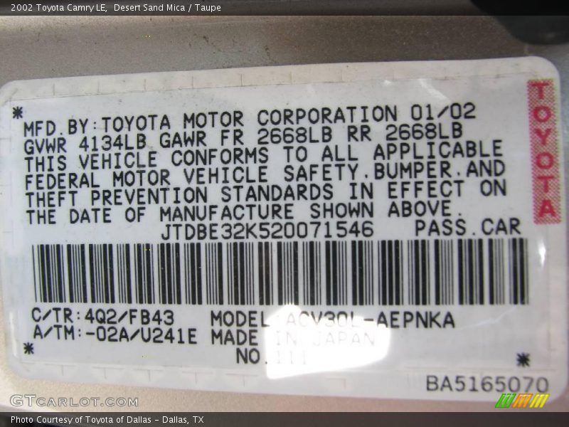Desert Sand Mica / Taupe 2002 Toyota Camry LE