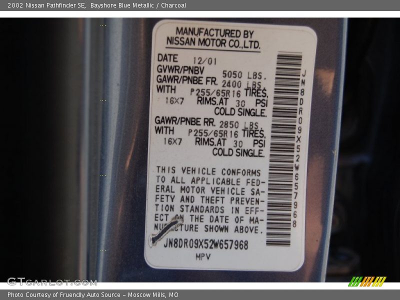 Bayshore Blue Metallic / Charcoal 2002 Nissan Pathfinder SE