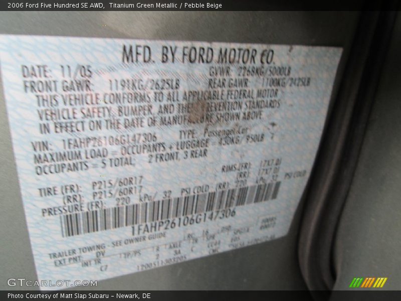 2006 Five Hundred SE AWD Titanium Green Metallic Color Code DV